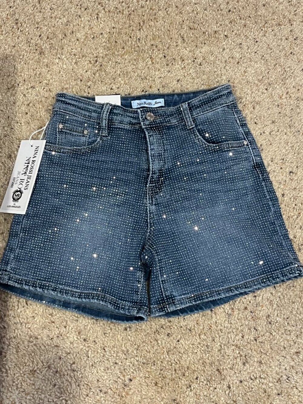 NWT Women's Nina Rossi Embellished Light Blue Denim Jean Shorts Size M